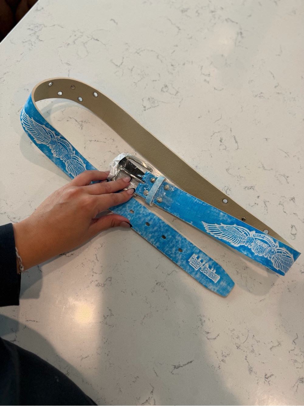 Harley-Davidson Women's Sky Blue Wing Graphic Leather Belt with Silver Buckle